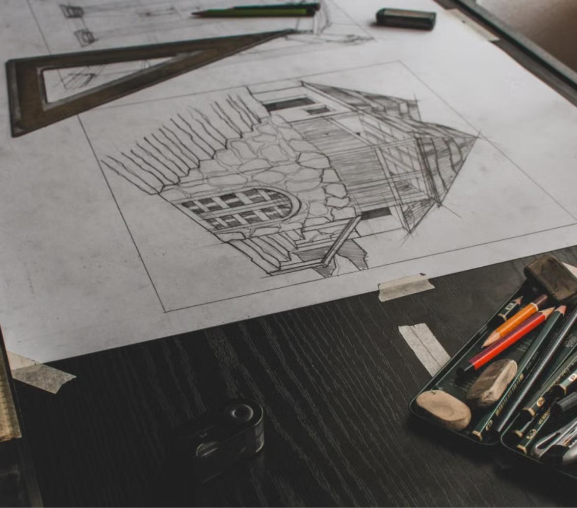 Croquis et plans d'architecture en cours de conception